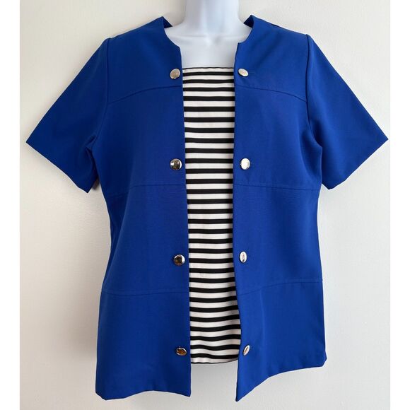 Vintage 80s Cobalt Blue and Black and White Striped Top w Chrome Buttons Size XL - Picture 1 of 3